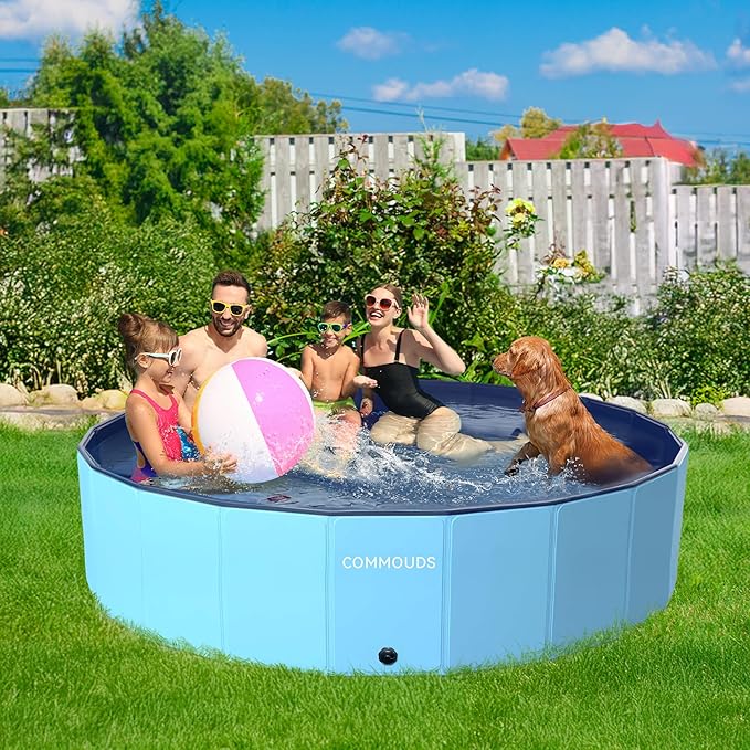 COMMOUDS 107 Inch Extra Large Foldable Dog Pool, Collapsible Hard Plastic Dog Kiddie Swimming Pool, Portable Pet Bath Tub Wading Pools for Kids and Puppy Small Medium Large Dogs