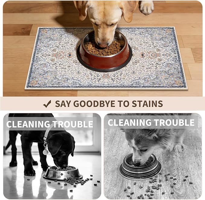 Boho Dog Feeding Mat, Absorbent Cat Matt for Food, Non Slip Pet Water Bowl Placemat Small for Floor, Cream & Blue & Terracotta Indoor Dog Eating Dish Mat 12"x20"