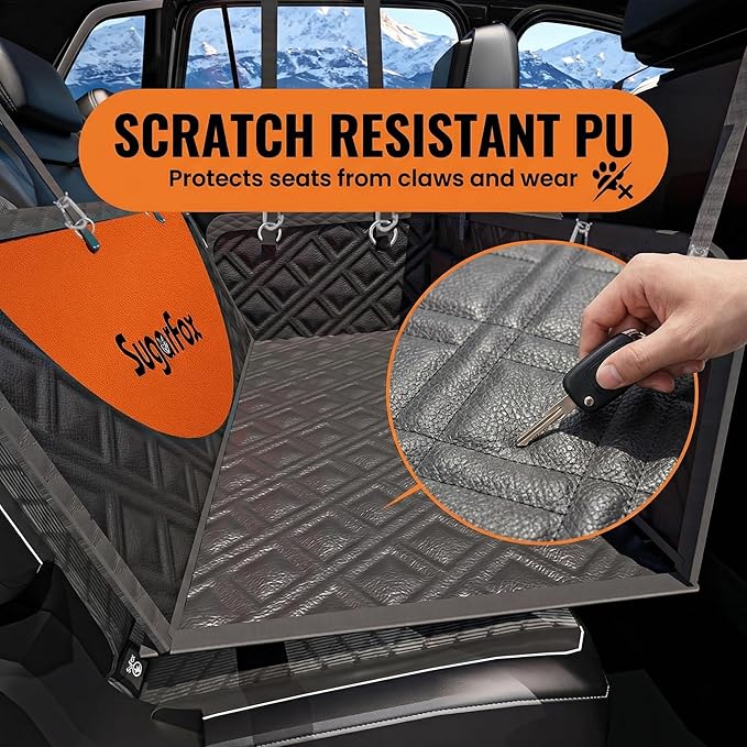 SugarFox Dog Car Seat Cover for Back Seat - Upgraded PU Leather Dog Hammock, 400lbs Hard Bottom Backseat Pet Cover, Waterproof Anti-Scratch + Pet Safety Belt (Black-54“x18”)