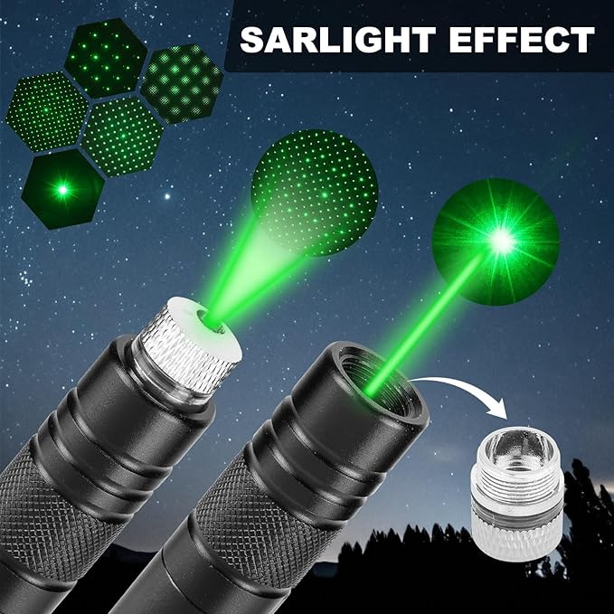 High Power Green Laser Pointer with Removable Star Cap, Long Range Single Pinpoint Mode, Built-in USB Rechargeable Lazer for Astronomy, Hiking, Presentations and Interactive Cat Toy