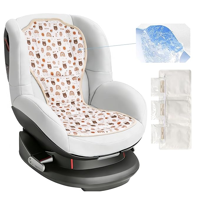 Solfres Hydro Gel Car Seat Cooler Mat with Ice Pack for Baby. Carseat and Stroller Cooling Pad Liner with Breathable 3D Mesh Anti-Slip Back. for Kids Toddlers, Beige Bear
