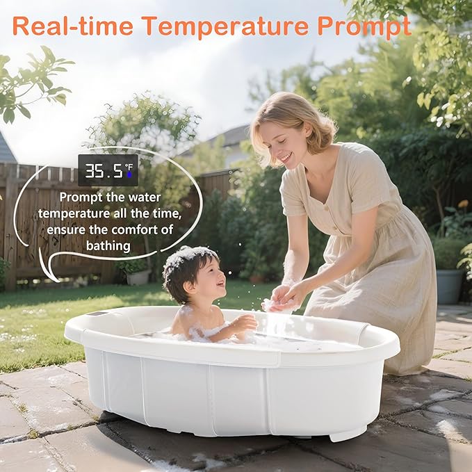 Collapsible Baby Bathtub - Large Baby Bath Tub with Thermometer & Cushion | Travel Portable Newborn Infant Bathtub | Foldable Toddler Bathtub for Baby 0 to 36 Months (White)