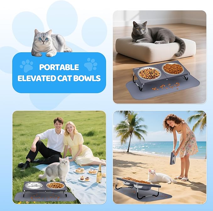 Upgraded Elevated Cat Bowls with Food Mat,10°Tilted Foldable Stand Anti Vomiting Raised Cat Dishes for Food and Water,2 Stainless Steel Bowls for Cats and Puppy(with Mat)