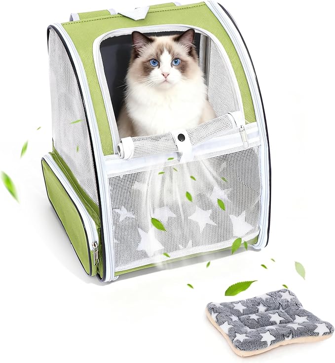 Cat Backpack Carrier with Washable Bed Mat Breathable Cat Carrier Large Space Medium Small Dog Puppy Kitty Ventilated Mesh Pet Backpack for Cats Travel Walking Outdoor Use(Green 13.8" Lx11.4 Wx16 H)