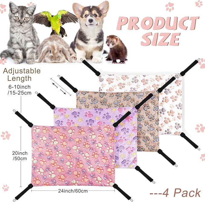 Geelin 4 Pcs Cat Hammock for Cage Soft Hanging Pet Hammock Bed with Adjustable Straps and Metal Hooks Double Sided Bed for Large & Small Cats Ferret Rat Sugar Glider(Paw,20 x 24 Inch)
