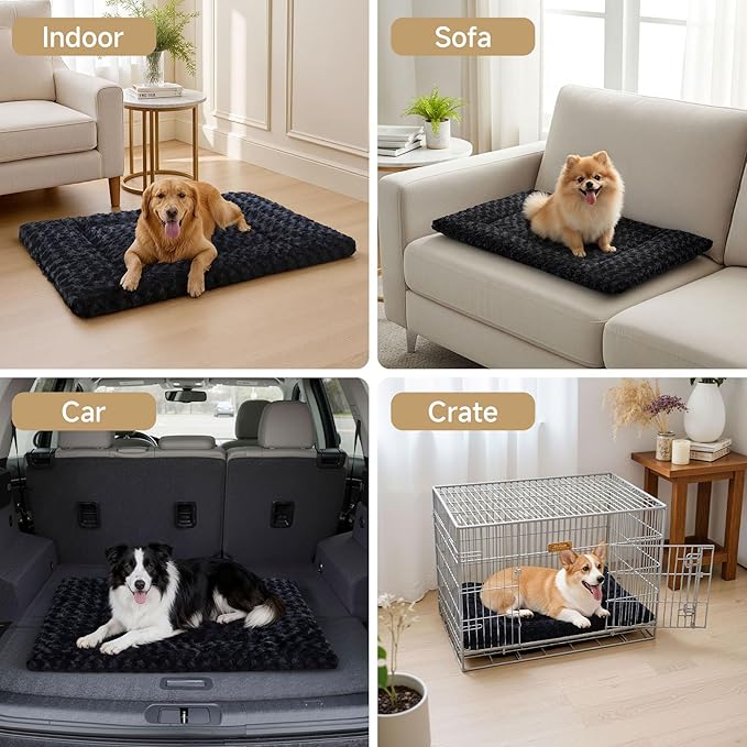 Washable Dog Bed Reversible Dog Beds for Crate Soft Fluffy Kennel Pad Anti-Slip Pet Sleeping Mat for Large Jumbo Medium Small Dogs (Black, 36.00" x 23.00" x 1.50")