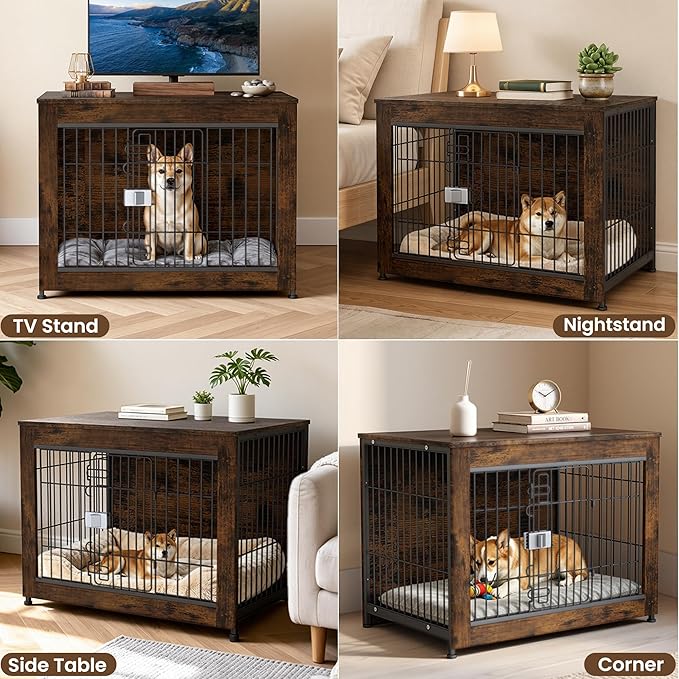 Wooden Dog Crate Furniture, 32in Dog Cage Furniture with Slide Safety Latch, Indoor Decorative End Table for High Anxiety Dogs, Furniture Style Dog Crate for Medium Dogs, Aged Black