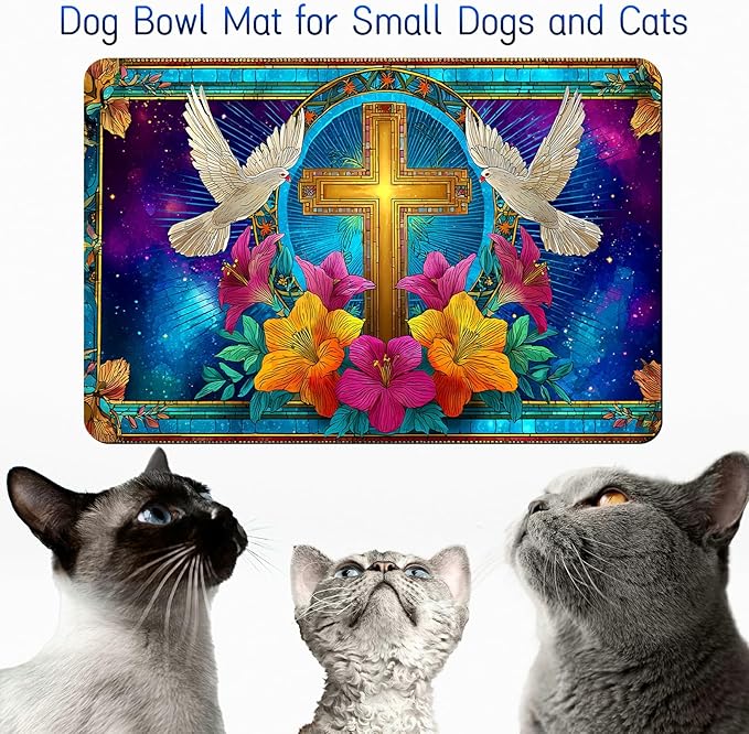 Dog Food Mat, 15.7" x 23.6" Absorbent Pet Feeding Mat for Food and Water, Waterproof Diatom Mud Pet Placemat with Non-Slip Rubber Backing, Cat Bowl Mat for Floors - White Dove Flower