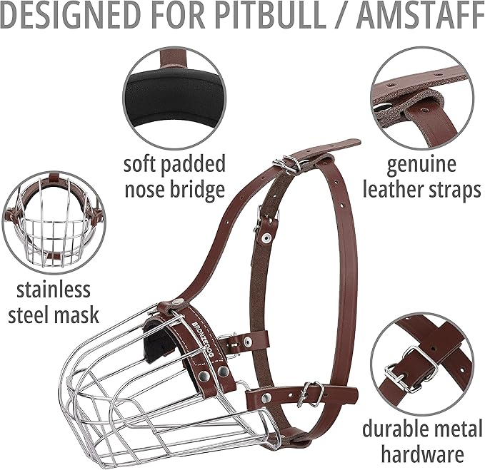 BRONZEDOG Pitbull Dog Muzzle Breathable Metal Basket for Large Dogs Amstaff Staffordshire Terrier Biting Chewing Barking (Leather, Dark Brown)