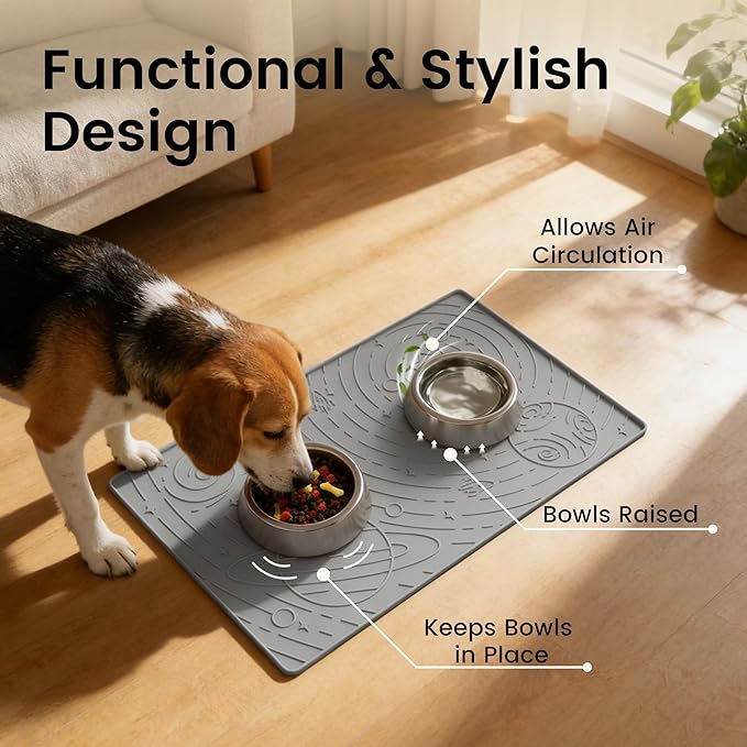 OHMO Dog Food Mat, Silicone Waterproof Cat Food Mat, Non-Skid Spill Proof Pet Feeding Mat for Food and Water, Easy to Clean Dog Placemat(Grey, 18.9" x 11.8")