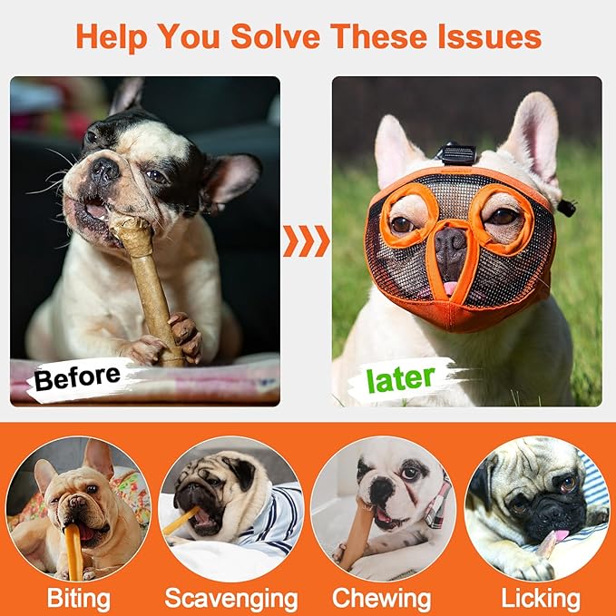 Short Snout Dog Muzzles- Adjustable Breathable Mesh Bulldog Muzzle for Biting Chewing Licking Grooming Dog Mask,Orange(Eyehole) L