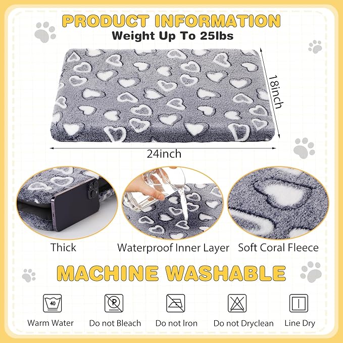 VitalCozy 3 Pcs Waterproof Reversible Dog Crate Pad Warm and Cool Dog Cats Bed Mat for Crates Sleeping Mat Cozy Heart Pattern Pet Bed for Puppy Cat Puppy Kitten Cushion Carrier, Grey(24"x18"x1.6")