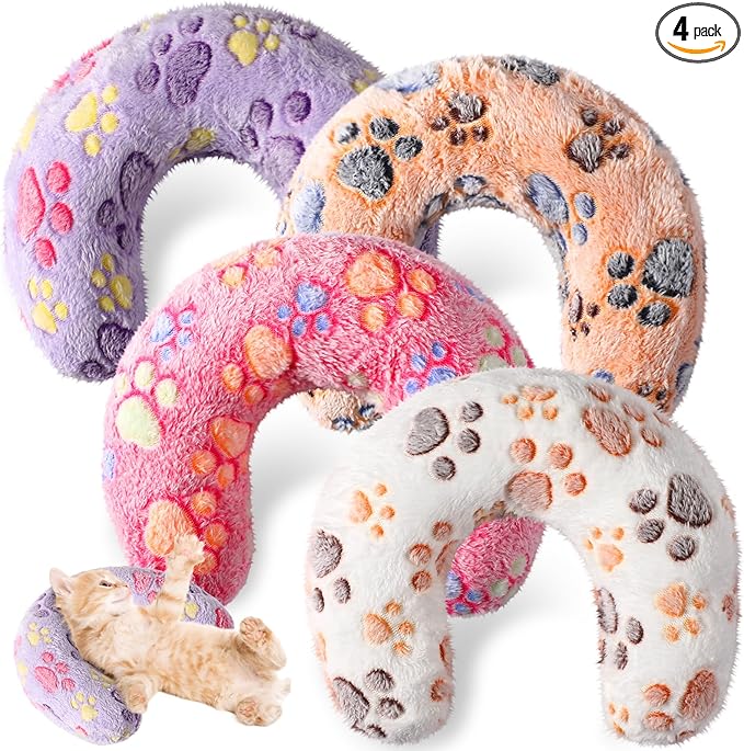Sweetude 4 Pcs Pillows for Cats Puppy Bed Fluffy Pet Calming Soft Gifts Half Donut U Shaped Pet Neck Pillow Training Joint Relief Cervical Protection(Paw,Medium)