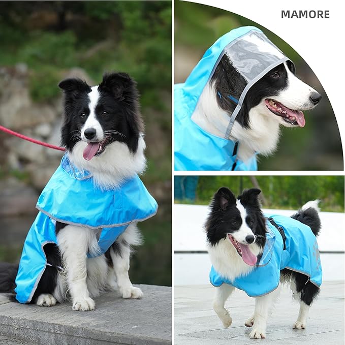 MAMORE Dog Raincoat Hooded Rain Jacket for Small Medium Large Dogs Slicker Poncho Bottom Waterproof Adjustable Reflective Breathable Leash Hole (Blue, XXX-Large)