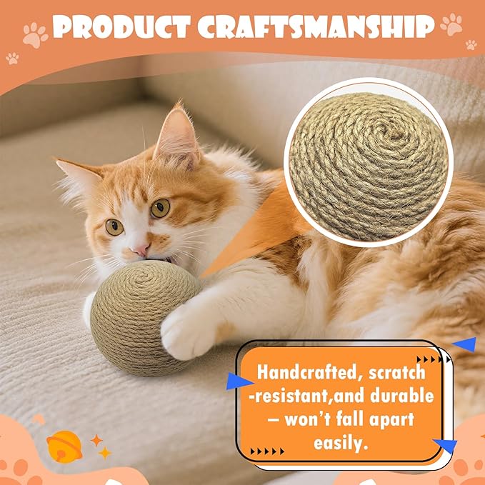 3.94 inch Sisal Cat Ball Toy, Interactive Natural Cat Scratching Ball, Perfect Scratcher for Cats' Exercise and Fun (Sisal)