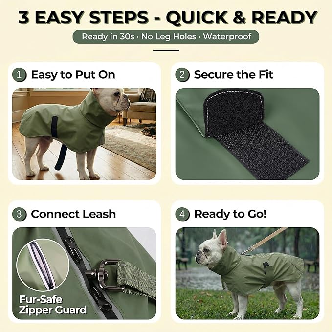 PU Dog Raincoat, Non-Toxic & Odorless Waterproof Vest, Adjustable High Collar and Hook & Loop Belly Closure for Rainy Potty Breaks & Wet Weather Outdoor Walks (Olive Green, X-Large)