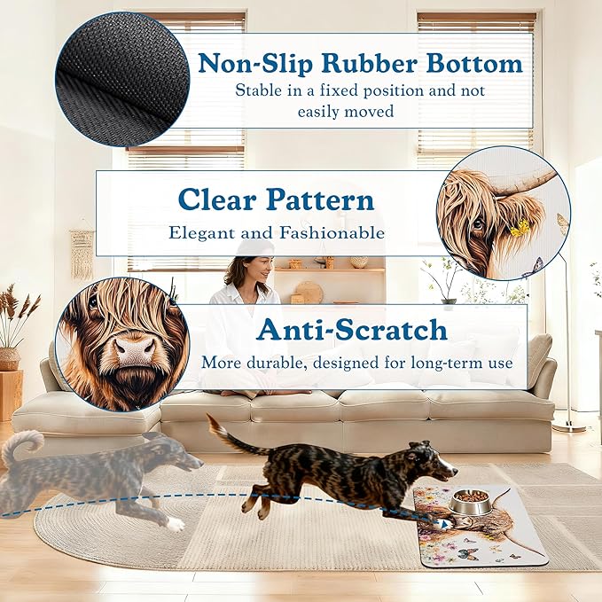Highland Cow Butterfly Dog Food Mat–Absorbent Quick Dry Feeding Placemat for Food and Water Bowls, Non Slip Rubber Backing, Waterproof Pet Supplies for Mess-Free Eating 16"x24"