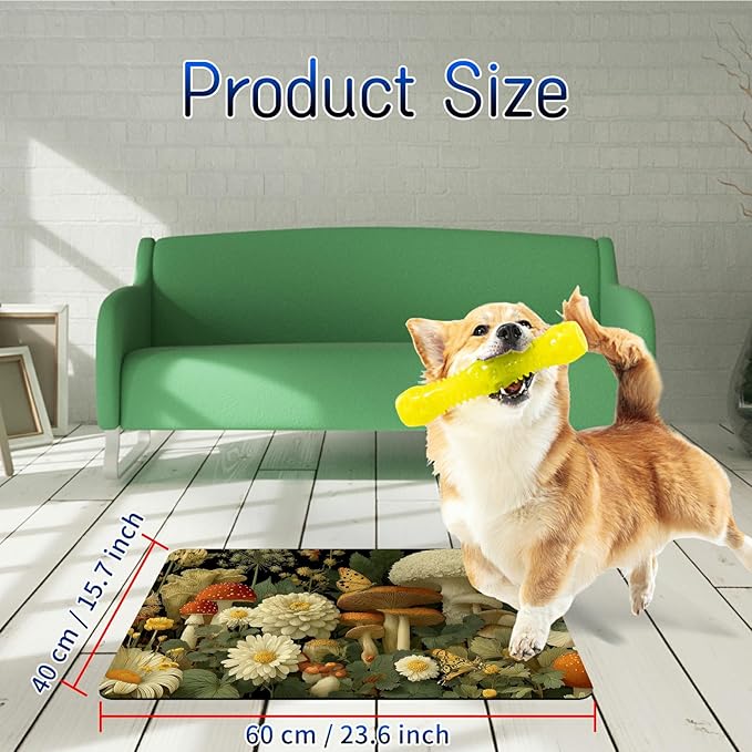 Dog Food Mat, 15.7" x 23.6" Absorbent Pet Feeding Mat for Food and Water, Waterproof Diatom Mud Pet Placemat with Non-Slip Rubber Backing, Easy Clean Cat Bowl Mat for Floors - Mushroom Daisy