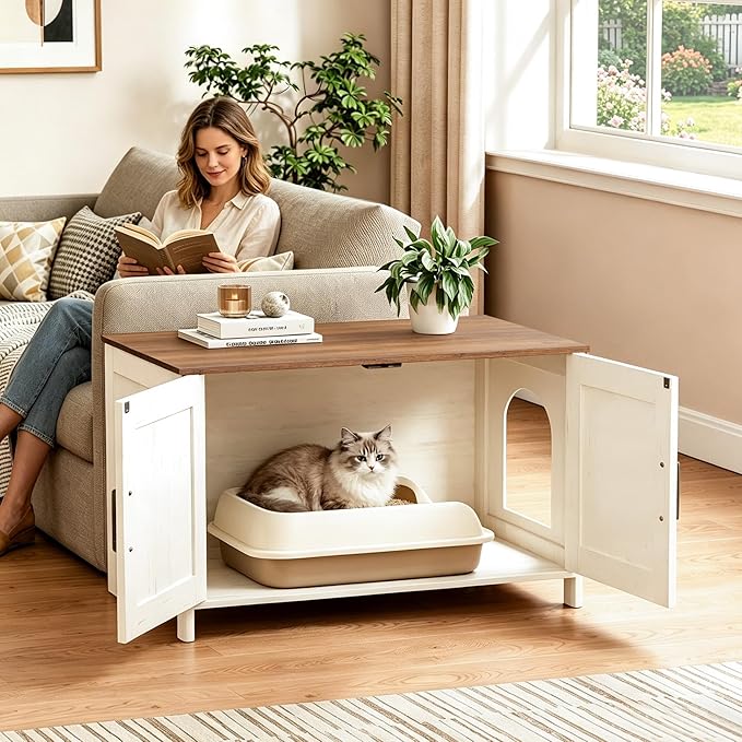 Homhedy Cat Litter Box Enclosure,Litter Box Furniture Hidden with Barn Door,Wooden Cat Washroom Furniture,Fit Most of Litter Box, Rustic White and Brown