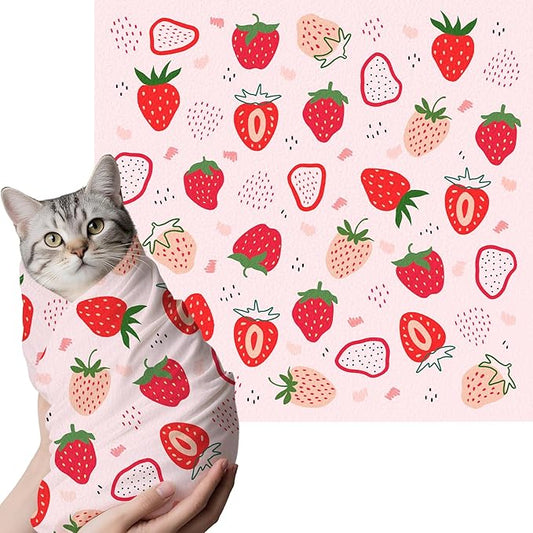 27.6"Cat Grooming Wrap, Self Adhesive Cat Wrap for Cutting Nails, Anti-Escape Cat Swaddle Wrap for Medicine Ear Cleaning, Strawberry Anti-Scratch Cats Burrito Restraint Blanket, Pet Tool (6-10 lbs)