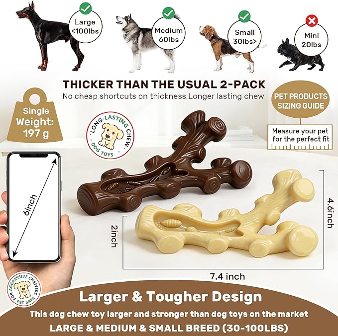 SIHRMIU Dog Chew Toys for Aggressive Chewers, 2 Pack, for Medium/Large Breed, Tough Almost Indestructible Dog Bones for Teeth Cleaning, Training, Boredom and Stimulating