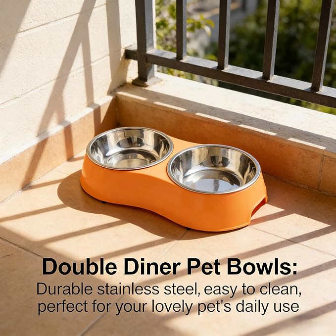 Large Orange Double Pet Bowl – Non-Slip Stainless Steel Food & Water Set for Medium/Large Dogs & Multiple Cats, BPA-Free Mess-Free Feeding Dishes