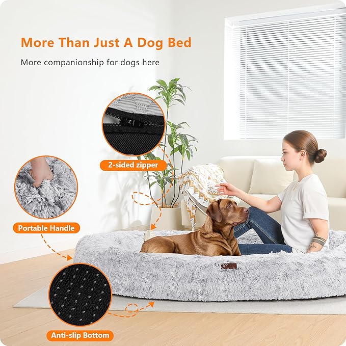 Human Dog Bed Fits Adult & Pets, Reversible Orthopedic Gel Memory Foam Cushion, Washable Long Plush, Plump Edge with Blanket, Storage Pocket, 71"x47.2"x9", Extra Large, Ombre Grey