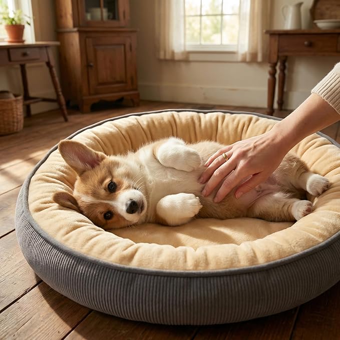 Calming Dog Bed for Small Dogs 16"x20" - Washable Donut Pet Bed with Anti-Slip Bottom, Soft Puppy Bed for Indoor Kittens and Cats with Removable Cover (Beige)