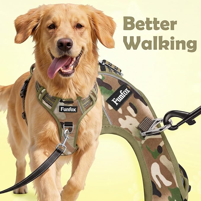 Funfox Dog Harness No Pull, Adjustable Pet Vest Harness, Super Soft Material with Vertical Handle Easy Control, Reflective Night Walking, 2 Leash Clips for Medium Sized Dogs, Camo Green, M