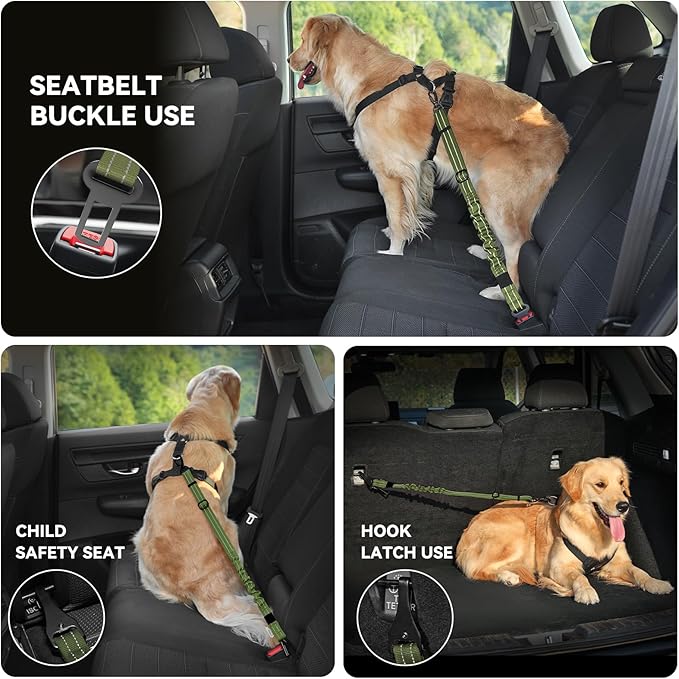 Pawaboo Dog Seat Belt Harness for Car, Dog Car Harness Seatbelt with Double Clips, Adjustable Breathable Pet Vest & Dogs Safety Tether with Elastic Bungee for Small Medium Large Pet, S, Green + Black