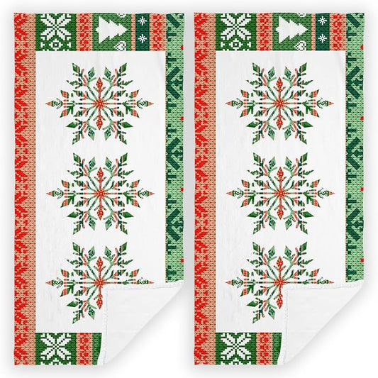 2 PCS Merry Christmas Hand Towels Soft Microfiber Green and Red Snowflake Xmas Trees Kitchen Towel for Bathroom Yoga Gym Winter New Year Decorative Towels 13.8"X29.1"