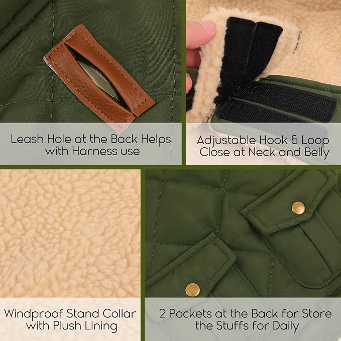 ASENKU Warm Dog Winter Coat, Waterproof Dog Coat for Cold Weather, Fleece Dogs Jacket with Ultra Thick Plush Lining Leash Hole Storage Pockets for Large Dogs (Green, X-Large)