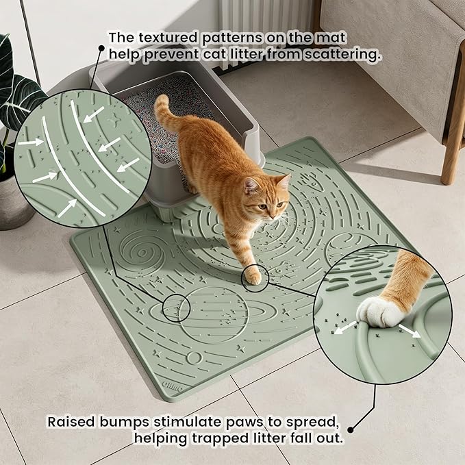 OHMO Cat Litter Mat Large Litter Box Mat, 31.5x23.6 Sage Green, Premium BPA-Free Silicone Rubber Kitty Litter Mat for Litter Box, High Edge Scatter Control Non-Slip Waterproof Litter Trapping Mat