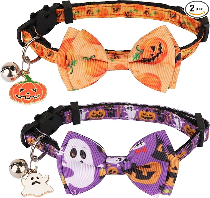 ADOGGYGO Halloween Cat Collars with Bow Bell, Breakaway Kitten Collar with Bowtie Pumpkin Ghost Halloween Collar for Girl Boy Cats Kittens