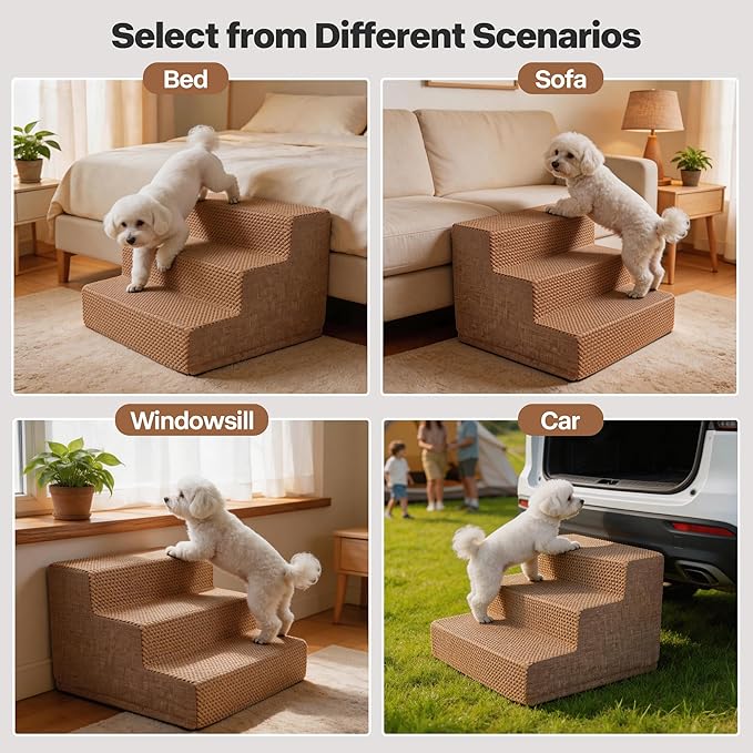 3 Step Dog Stairs for Small Dogs Cats, Brown Mesh Pet Steps, Non-Slip Pet Stairs for Couch Sofa Bed, Indoor Portable Dog Ramp with Zipper Bottom for Medium Large Dogs and Puppy