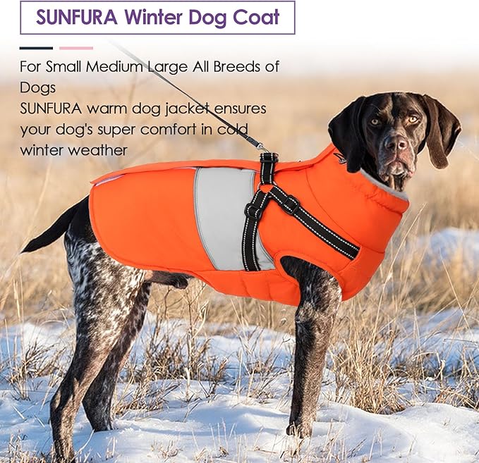 Dog Coat, XXXL Dog Jacket Winter with Harness Built in, Waterproof Pet Snow Jacket with Furry Collar for Chilly Day, Reflective Fleece Snowsuit for Extra Large Dogs, Orange 3XL