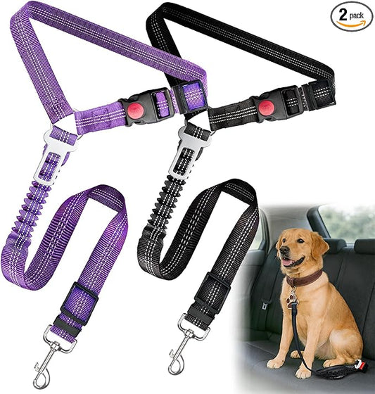 2-Pack Dog Car Seat Belt, 3-in-1 Headrest-Mounted Dog Seatbelt for Car, Adjustable Nylon Pet Safety Leash with Elastic Buffer & Reflective Stitching, Durable Car Harness for Dogs Fits Most Vehicles