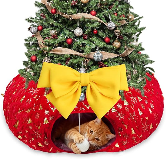 Homimp Christmas Cat Tunnel for Indoor with Bowtie, Cat Christmas Tree Large Tube Playground with Washable Circle Cushion and Plush Ball Toy, Round Pet Peekaboo Cave Toy for Kitten/Puppy/Rabbit,Red