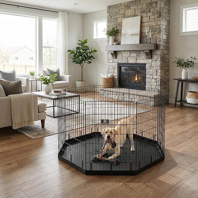 PJYuCien Octagonal Dog Playpen with Bottom Pad - Metal Foldable Exercise Pen, 8 Panels 42" H x 24" W Indoor Outdoor Pet Fence Puppy Crate Kennel, Black
