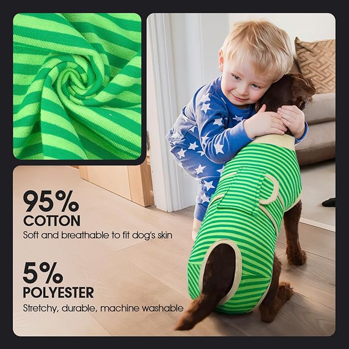 FUAMEY Dog Recovery Suit Male,Dogs Surgery Neuter Suits Puppy Spay Shirts for Female Incision Protection Anti Licking Wounds Doggie Onesie Pet Bodysuit Surgical Recovery Suit Green Stripes XL