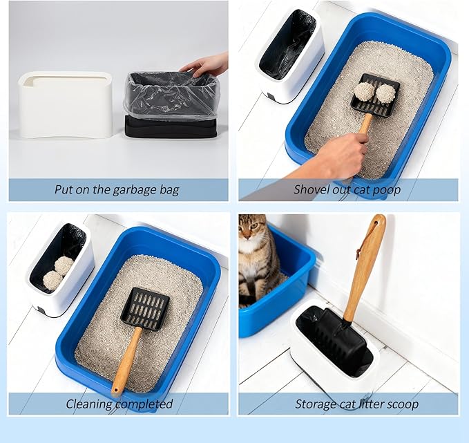 Cat Litter Scoop, Metal Litter Scoop, Heavy Duty Metal Cat Scooper for Litter Box, Black Sifter Scoop for Pellets, Wooden Handle Scoop with Hole, Kitty Necessity (Cat Litter Scoop Long with Holder)