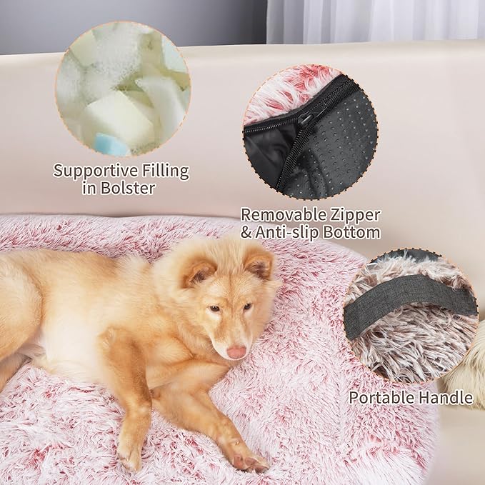 KHONSU PET Large Calming Dog Bed for Couch – Sofa Protector Mat with Bolster, Removable Washable Non-Slip Cover, Fits XL Dogs up to 70 lbs, Grey 45"x37"