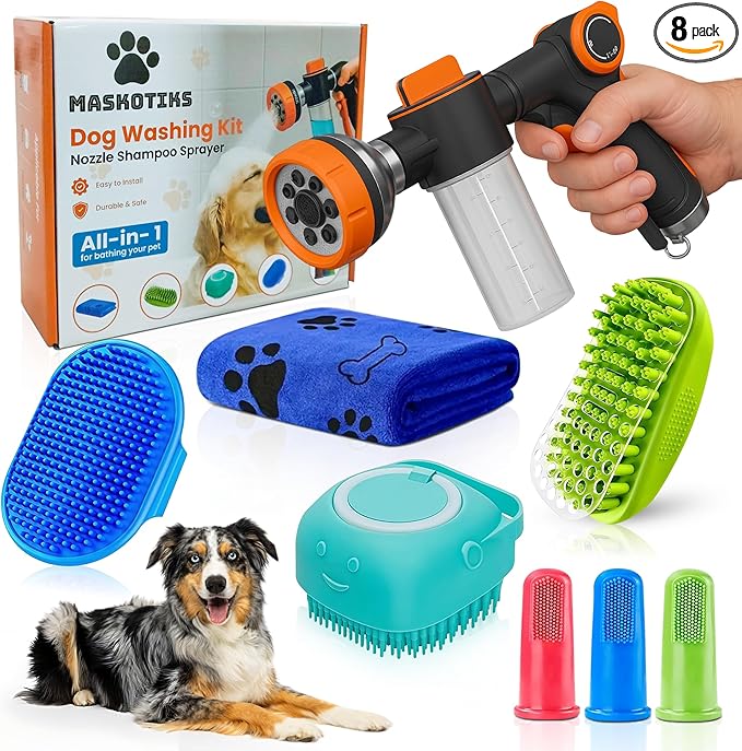 Dog Washing Hose Attachment,All in One Dog Bath Attachment for Tub-Dog Shampoo Sprayer,Dog Washing Kit-Dog Drying Towel,Dog Tooth Brush,Dog Washing Brush,Dog Scrubber for Bath and Dog Shampoo Brush