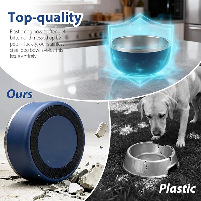 Dog Bowl, Stainless Steel Dog Bowls for Food and Water, Metal Pet Feeding Bowl with Insulated Non-Slip Quiet Bottom, Easy to Clean, Dishwasher Safe, 32oz,4 Cup | Navy