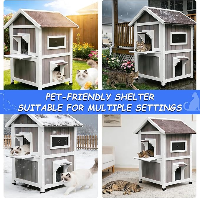 Rockever Outdoor Cat House, Large Outdoor Houses for Feral Cats Wooden Outside Cat Shelter Weatherproof with Escape Door