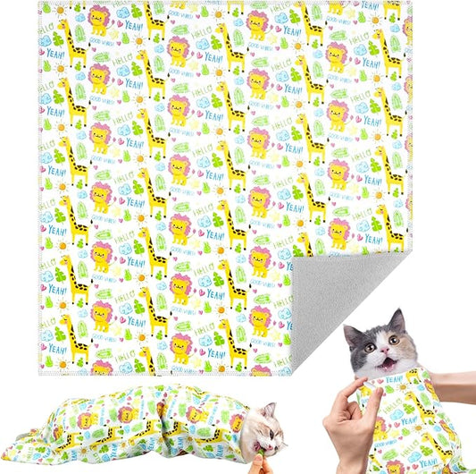 27.6" Cat Grooming Wrap for Cutting Nails, Lion Pattern Self-Adherent Fabric Wrap for Cats, Anti-Scratch Anti-Escape Multifunctional Cat Swaddle Tool for Teeth Brushing, Ear Cleaning