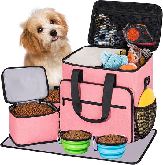 5 Set Dog Travel Bag for Supplies, Dog Lovers, Large Pet Travel Kit Includes 2 Food Containers, 2 Collapsible Bowls, Pink