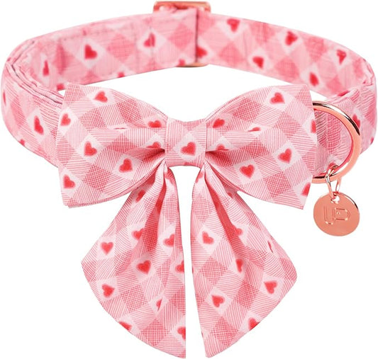 Valentine Dog Collar with Bow Tie, XL, Pink Plaid, Cotton with Metal Buckle, 16-26in Neck