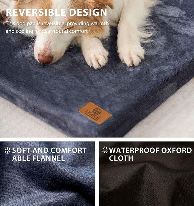 LIORCE Dog Crate Pad - Extra Large Dog Beds with Removable Washable Cover and Waterproof Lining - XXL Memory Foam Pet Bed for Crate - Reversible Kennel Mat (Cool & Warm), 48-inch, Dark Grey