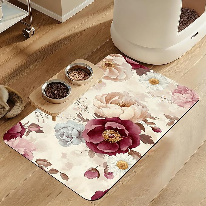 Vintage Floral Rose Pet Feeding Mat–Quick Dry Absorbent Dog Cat Food Mat, Non Slip Waterproof Bowl Placemat for Messy Eaters, Pet Accessories for Floors 16"x24"